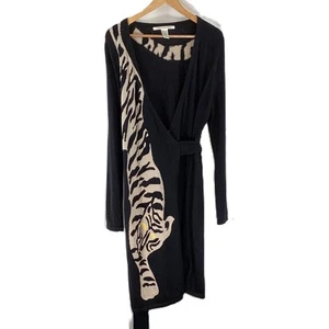 Diane Von Furstenberg Black Tiger Pattern Pure Wool Wrap Dress UK L - Picture 1 of 4