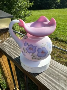 Fenton 7 1/4" pitcher Hibiscus on Blue Burmese - Picture 1 of 5