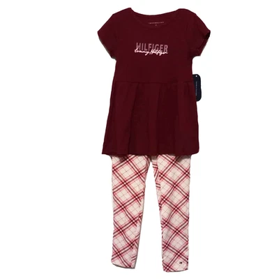 NWT Tommy Hilfiger Girls 6 Burgundy Pants Set Pink Plaid Short Sleeve Outfit - Image 1 of 4
