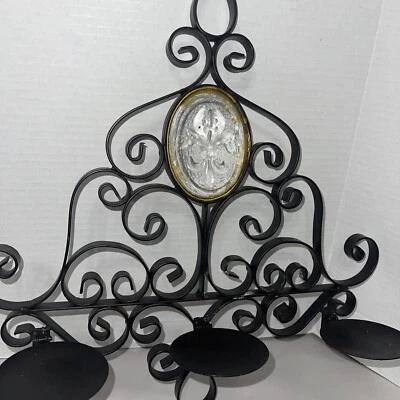 Wall Sconce Candle Holder Black Metal Iron Glass Fleur De Lis Design 15x15” - Image 1 of 4