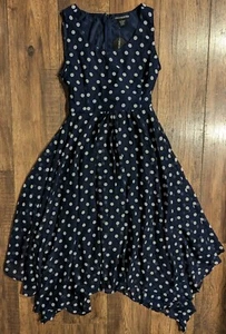 NWT Diva Collection Womens Navy & White Polka Dot Ruffle Dress W/ Tie Size Large - Picture 1 of 14