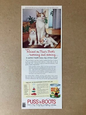 1959 Puss'n Boots Cat Food "Raised on Puss'n Boots" Print Ad, 4 7/8"x12 1/2" - Image 1 of 3