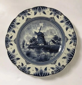 1955 Delft Blue Windmills Scalloped Plate Hand Painted Holland 10.25” Diameter - Picture 1 of 8
