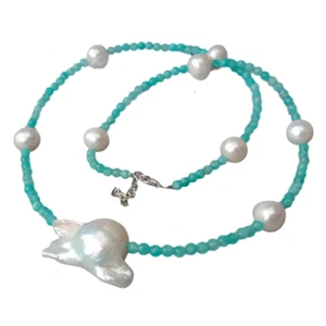 Natural Green Peruvian Amazonite White Keshi Pearl Necklace - Picture 1 of 6