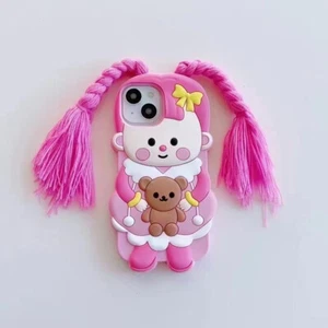 Hot Pink 3D Cute Braids girl Bear Soft Case For iPhone 11 12 13 14 15 16 Pro Max - Picture 1 of 8
