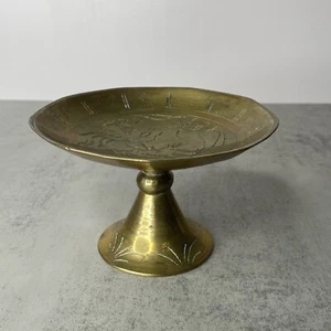 Vintage Chinese Brass Pedestal Bowl Engraved w/Dragon 3" T x 4.5" Diameter - Picture 1 of 9