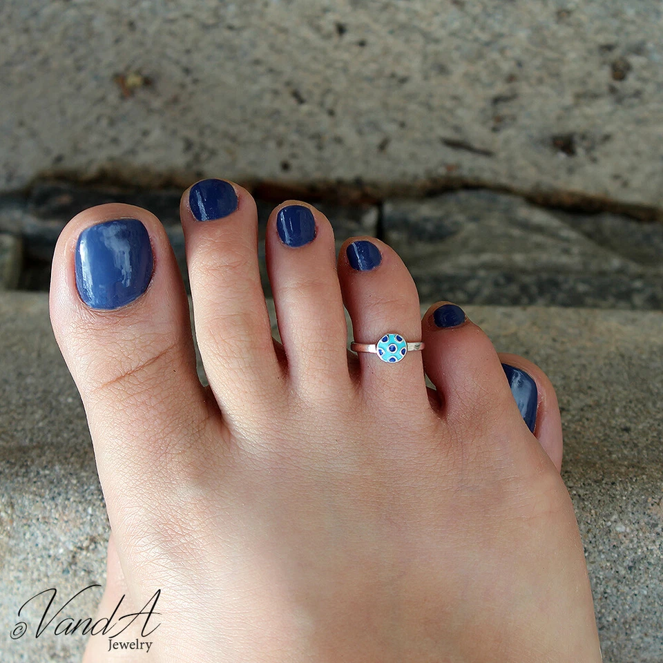 Anel de prata esterlina 925 com biqueira circular esmaltada turquesa e marinha T07 - Imagem 1 de 2