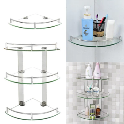UK Bathroom Corner Shelf Glass Shower Wall Mounted Storage Caddy Rack 3Tier Tray