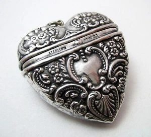 Vintage 1992 Heart Sterling Silver Pill Snuff Vesta Case Box Pendant Chatelaine - Picture 1 of 8