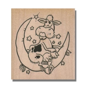 Mounted Rubber Stamp, Fun Cow Sitting On Moon, Animal, Star,Sky,Stars,Eyes,Funny - Picture 1 of 2