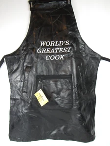 Embassy Genuine Black LEATHER Apron 3 Pockets "WORLD'S GREATEST COOK" NEW w Tag - Picture 1 of 17
