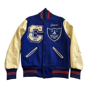 Vintage Wrestling College Jacke Leder Wolle 80er blau Größe M Kettenstich - Bild 1 von 16