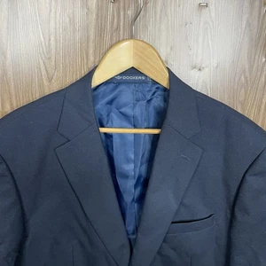 Dockers Blazer Jacket Mens 44L Navy Blue Solid Polyester Wool Dark Gold Buttons - Picture 1 of 16