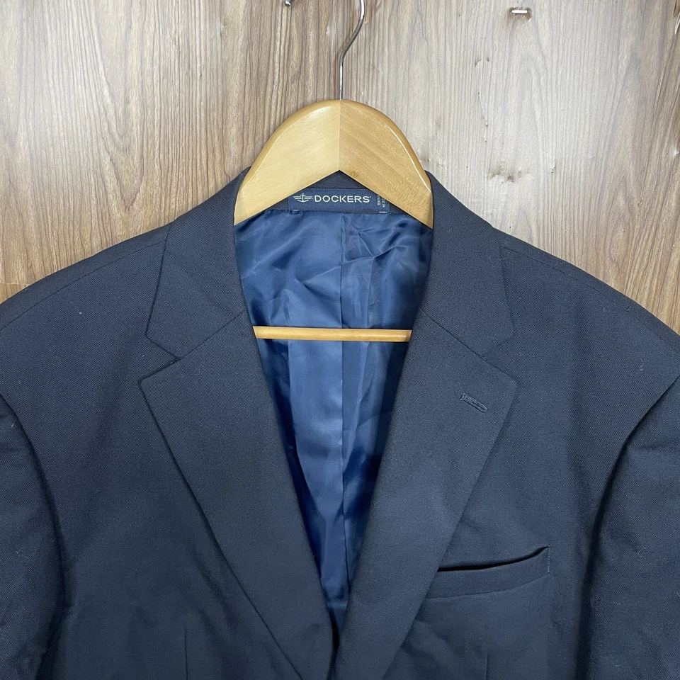 Dockers Blazer Jacket Mens 44L Navy Blue Solid Polyester Wool Dark Gold Buttons - Image 1 of 4