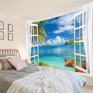 Tapiz tropical de vacaciones blanco ventana azul océano para dormitorio sala dormitorio - Imagen 1 de 15