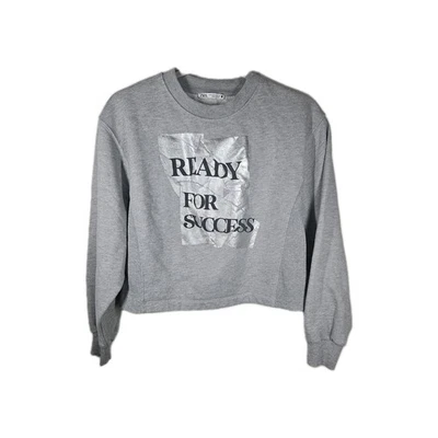 Zara Sweatshirt Women's Small Cropped Gray Silver "Ready for Success" - Image 1 of 4
