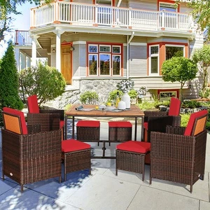 9PC Rattan Wicker Patio Dining Set Outdoor Furniture Set w/ Red Cushion - Picture 1 of 10