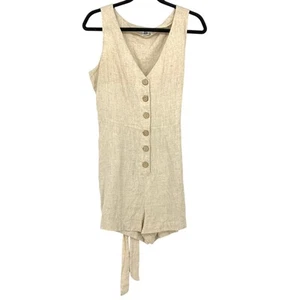 Me To We Linen Blend Tie Waist Romper Womens Size Medium Beige V-Neck Sleeveless - Picture 1 of 6