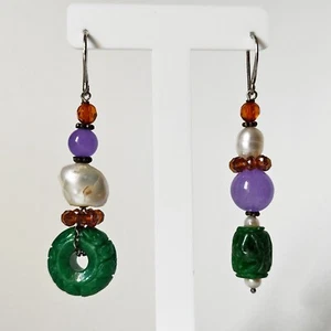 Orecchini pendenti asimmetrici in argento 925 con giadan verde, perla, ametista - Foto 1 di 8