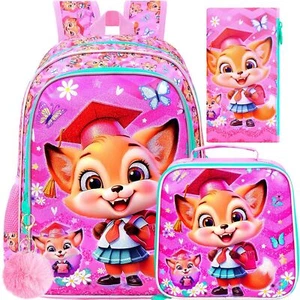 3PCS Girls Fox Backpack Set 16" Preschool & Elementary Bag with Lunch Box - Picture 1 of 7