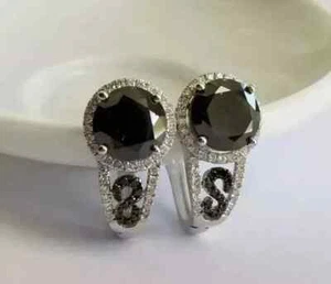 3Ct Round Cut LabCreated Black Spinel Huggie Hoop Earrings 14K White Gold Plated - Picture 1 of 6