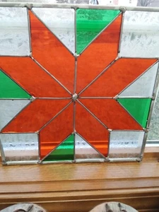 stained glass window panel--Bright Orange Geometric Star,12x12 - Picture 1 of 2