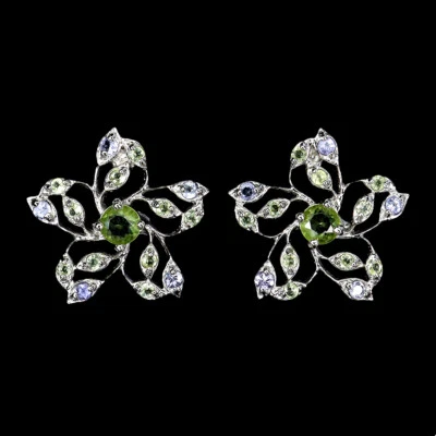 925 Sterling Silber Ohrringe Rund Peridot Tansanit Natürlicher Edelstein Schmuck - Bild 1 von 4