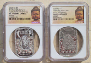 A Pair of NGC MS70 and PF70 Antiqued 2020 Fiji Coins - Dunhuang Sutra Cave