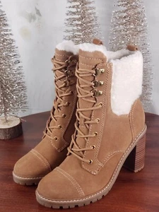 NINE WEST - Phaedra - Lace-Up Suede Block High Heel Combat Boots - Natural Brown - Picture 1 of 6
