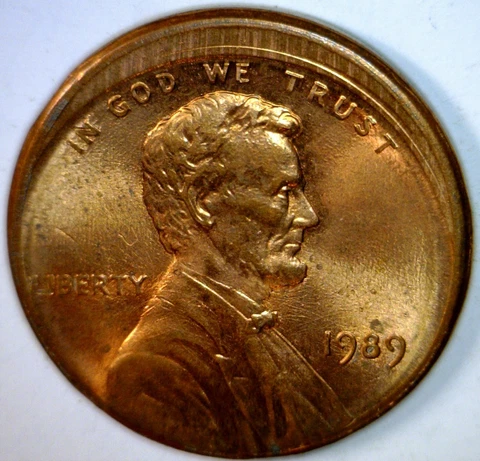 1989 OFF CENTER ERROR Lincoln Cent BU + RED Coin NICE O/C LOT #16  FREE SHIP Cover