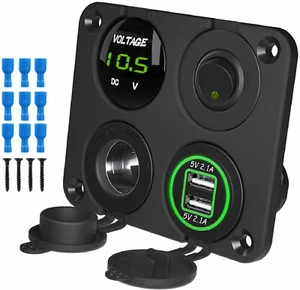 4 gang 1 Panel Dual USB Socket Charger Green LED Voltmeter+12V Power Outlet Car - Picture 1 of 11
