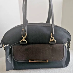 Tommy Hilfiger Black Satchel Handbag w/Brown Faux Leather Trim/Gold-Tone Accents - Picture 1 of 24