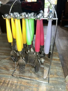 Vintage Set of 20 Flatware with Hanging Rack Spoons Fork Knives in Summer Colors - Picture 1 of 7