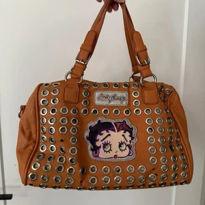 Betty Boop Purse Orange Riveted Bling Large Handbag Logo Strap Biker Punk RARE - Picture 1 of 9