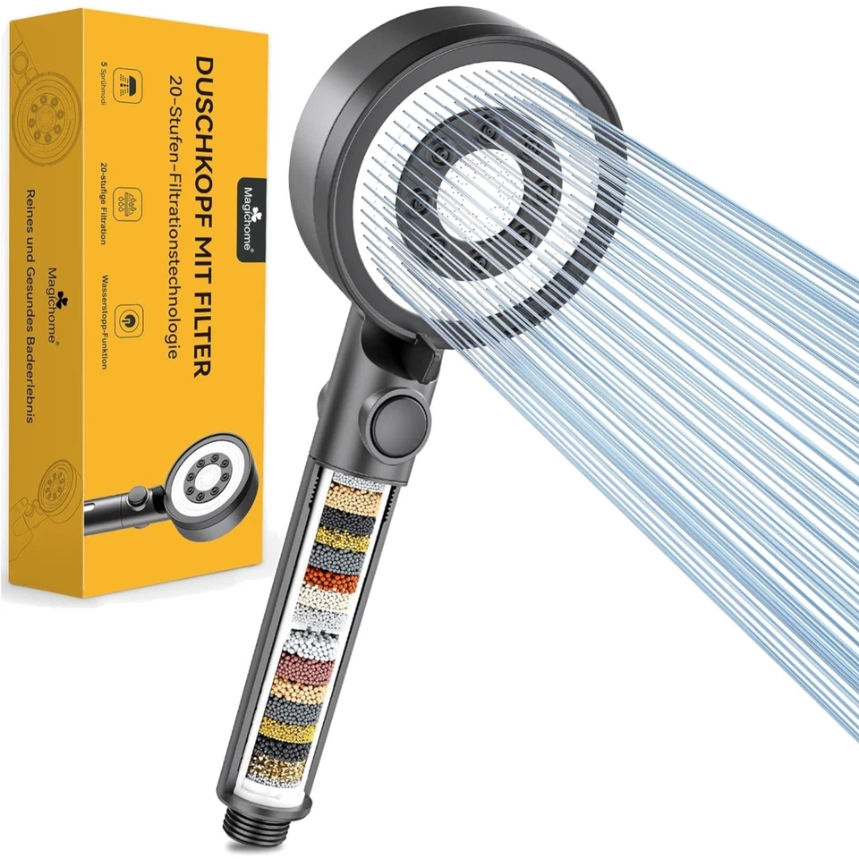 Hochdruck Duschkopf mit 20-Schicht Filter für Wellness-Duschen - Schwarz & Chrom - Bild 1 von 1
