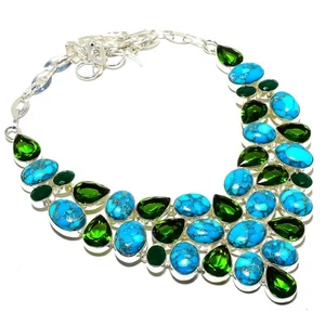 Copper Blue Turquoise, Tsavorite Gemstone 925 Sterling Silver Necklace 18" t012 - Picture 1 of 6