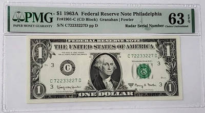 $1 Bill 1963A Fancy Serial Number PMG 63 Choice Uncirc RADAR - C 72233227 D - Image 1 of 4