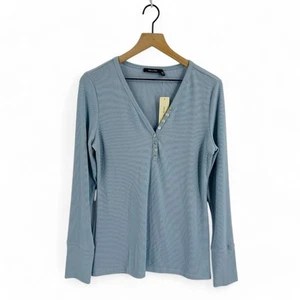Doe & Rae NWT Ribbed Henley Long Sleeve Top Light Blue Button Cuff Size L - Picture 1 of 9