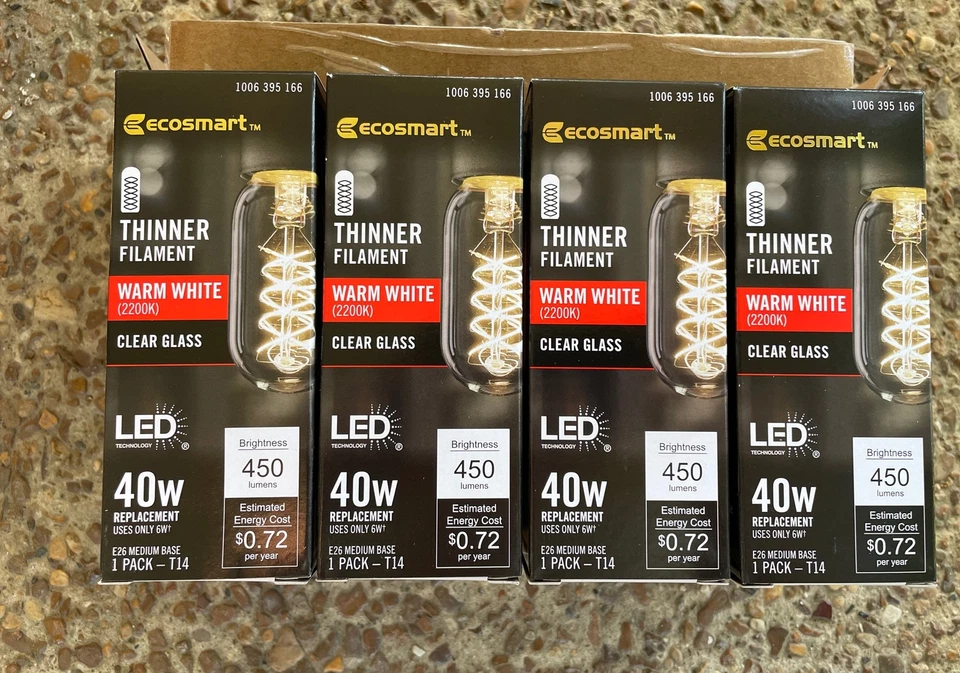 4PK-Ecosmart 40W T14 2200k Thinner Filament Clear Glass LED Bulb Warm white - Image 1 of 4