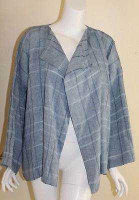 NWT eskandar Sz 0 S M L Open Stitch Linen Woven Check Blue Linen Denim Jacket - Image 1 of 4