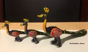 PEACOCK PAINTED WOODEN ARTISAN 3 SET STATUES FIGURINES JAIPUR CRAFT GIFT DECOR - Picture 1 of 2