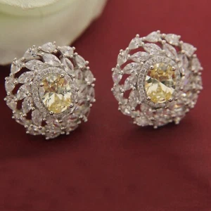 3.25 Ct Oval Cut Lab-Created Yellow Topaz and CZ Halo Stud Earrings 925 Silver - Picture 1 of 6