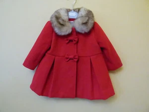 FRED & FLO Bright Red Coat Faux Fur + Bow Trimmed & Lined 6-9 months BNWOT - Picture 1 of 17