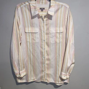 J. Jill 100% Silk Top Blouse Shirt Striped Button Up Pink Yellow Long Sleeve Med - Picture 1 of 9