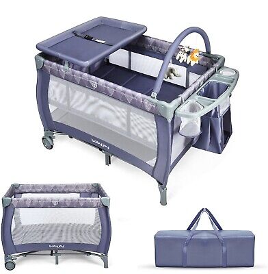 BABY BASSINET Infant Nursery Center Playard Playpen Gray Portable Foldable New • 159.37$