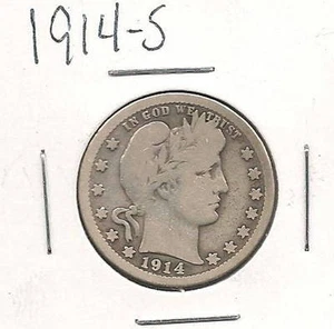 1914-S Barber Quarter : Very Good - Picture 1 of 2