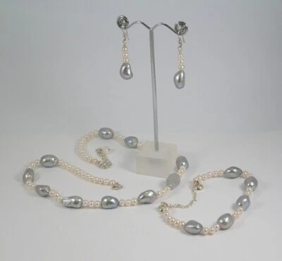 Silver & White Pearl Necklace, Bracelet & Earring Set - Image 1 of 3