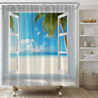 Ocean Beach Shower Curtain Tropical Plam Tree Blue Sky Ocean View Through The Wi