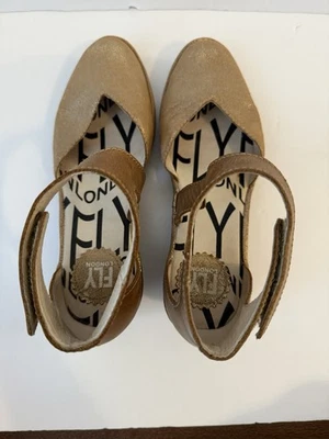 FLY London YAJU Womens 37 US 7 Bronze Metallic Leather Wedge Closed Toe Sandals - Image 1 of 4