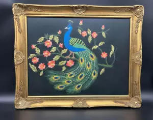 Gold Framed Needlework Peacock & Floral Design on Black 54 x 44cm Vintage Art - Picture 1 of 7
